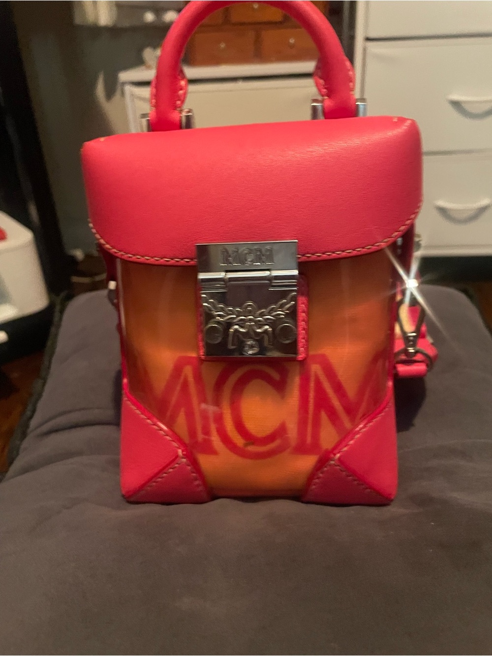 MCM Berlin Transparent Block Mini Crossbody / Vanity Bag – Pink & Orange